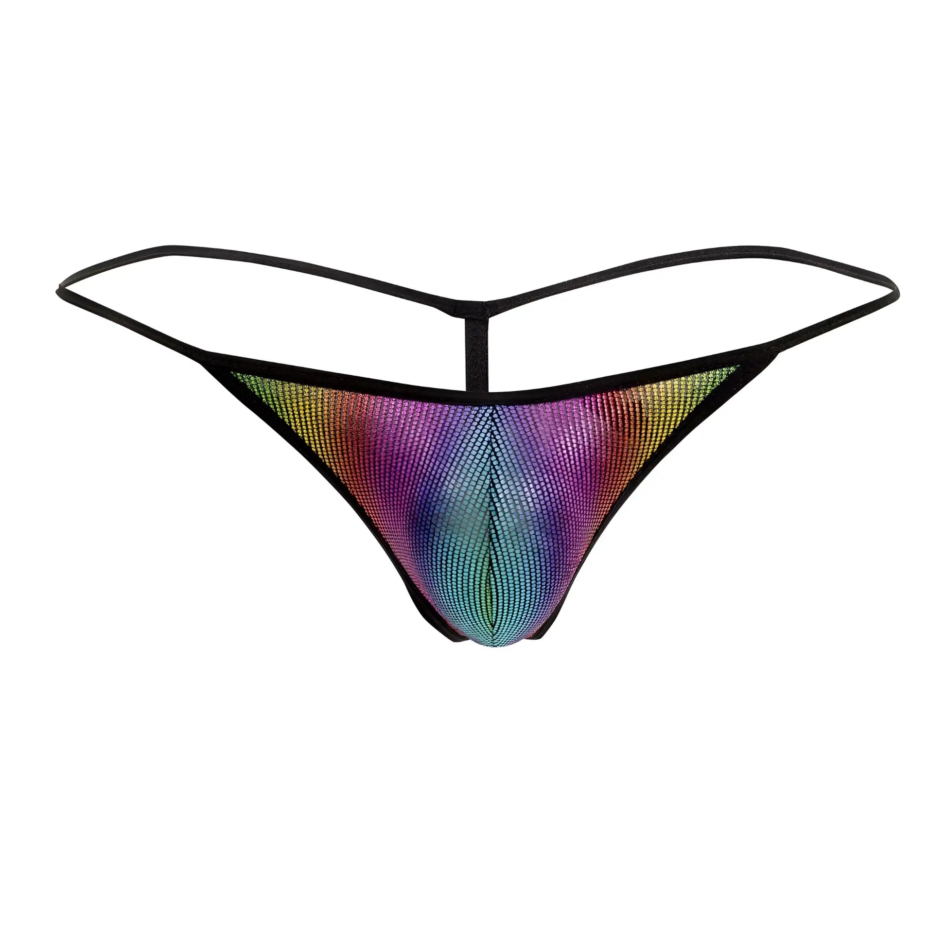 Doreanse 1300-RBW disco thong with rainbow sequins and black elastic straps shown from the back side