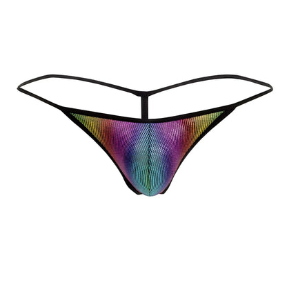 Doreanse 1300-RBW disco thong with rainbow sequins and black elastic straps shown from the back side
