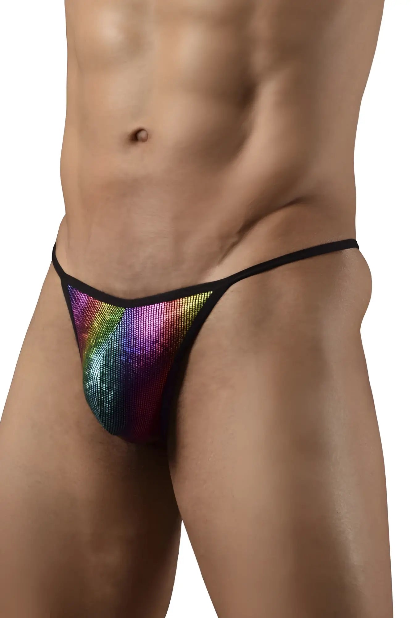 Doreanse 1300-rbw disco thong with rainbow sequins and black elastic trim shown from the back side