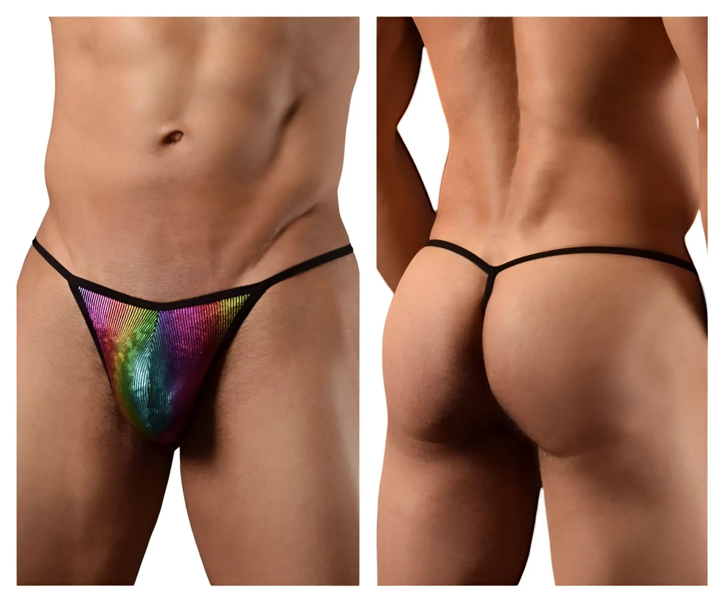 Doreanse 1300-RBW disco thong featuring rainbow sequins with black trim for vibrant party wear