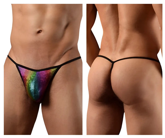 Doreanse 1300-RBW disco thong featuring rainbow sequins with black trim for vibrant party wear