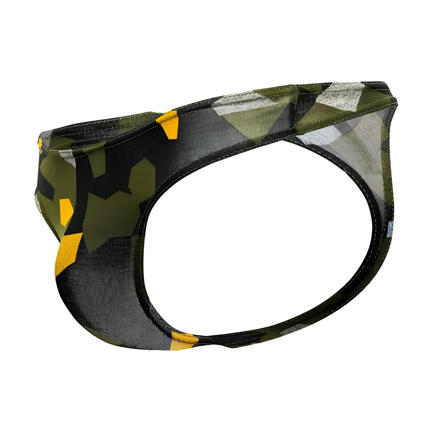 A men’s Doreanse 1303-PRN Camosaic thong in green with camouflage geometric design and yellow black accents