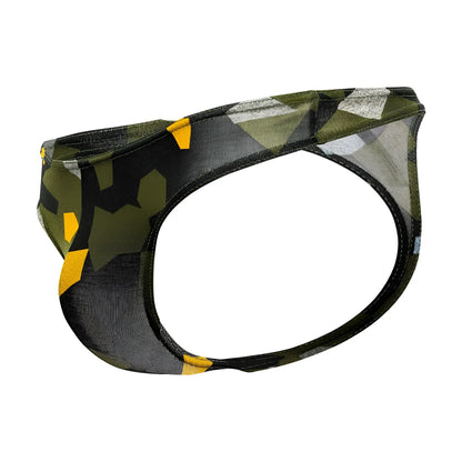 A men’s Doreanse 1303-PRN Camosaic thong in green with camouflage geometric design and yellow black accents