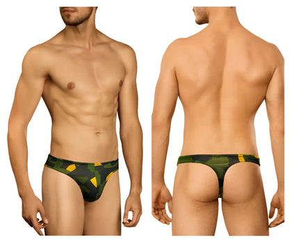 Men’s doreanse 1303-prn camosaic thong briefs in green and yellow camouflage pattern with comfortable fit