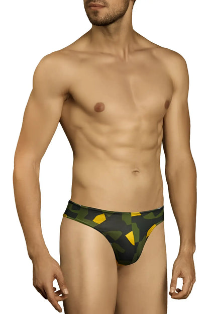 Men’s doreanse 1303-prn camosaic thong swim trunks in green and yellow camouflage pattern for swimwear use