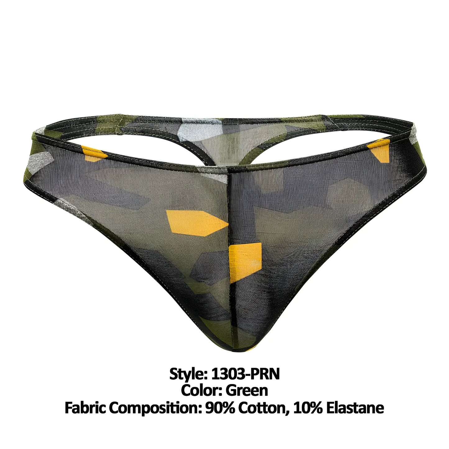 Doreanse 1303-PRN camosaic thong in green mesh with camouflage pattern and yellow geometric accents front view
