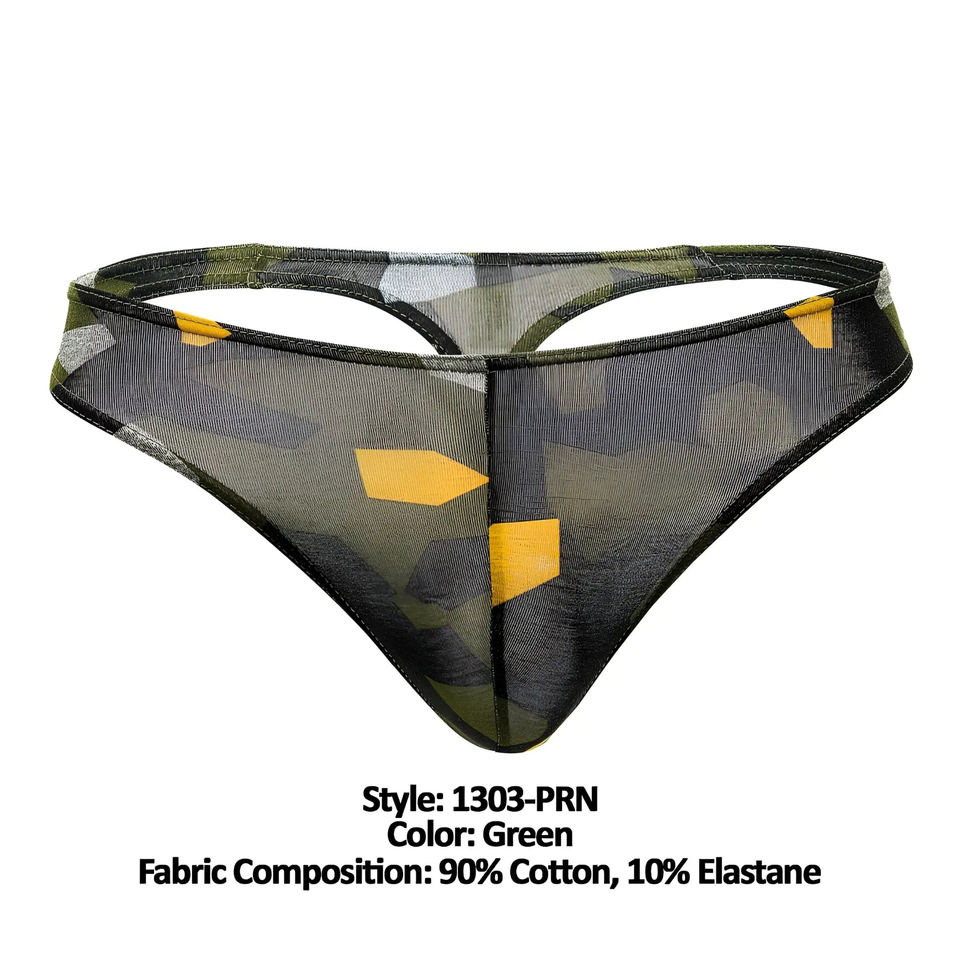 Doreanse 1303-PRN camosaic thong in green mesh with camouflage pattern and yellow geometric accents front view