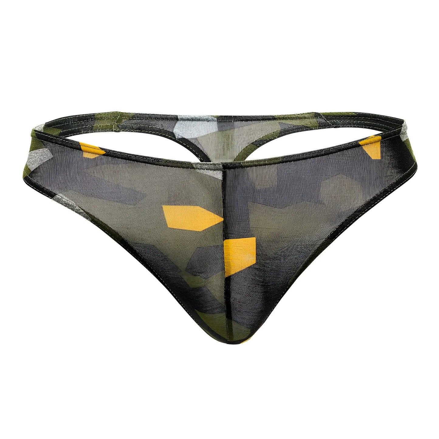 Doreanse 1303-PRN Camosaic thong in green transparent mesh with camouflage pattern yellow geometric shapes and black trim