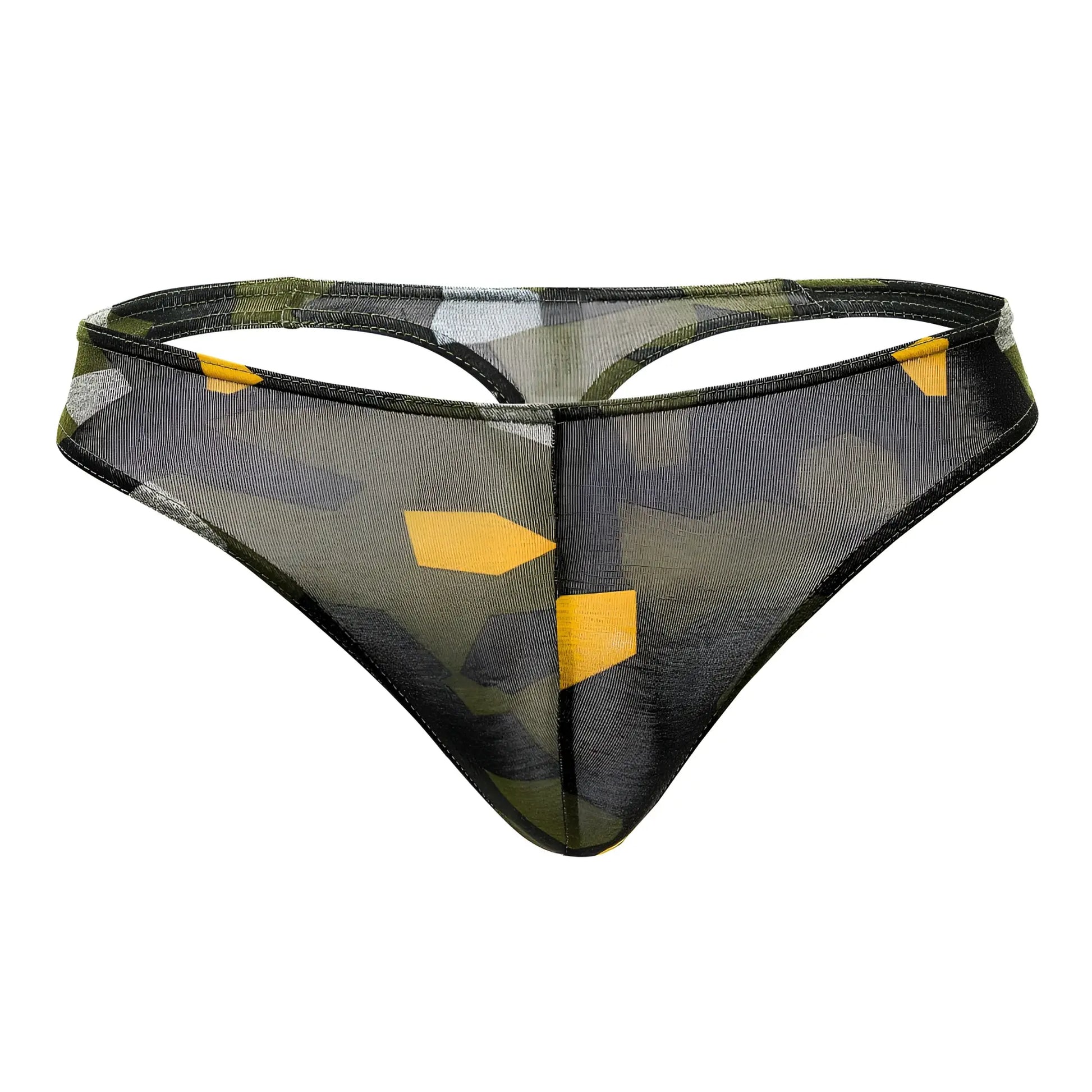 Doreanse 1303-PRN Camosaic thong in green transparent mesh with camouflage pattern yellow geometric shapes and black trim
