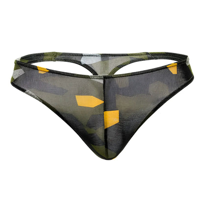 Doreanse 1303-PRN Camosaic thong in green transparent mesh with camouflage pattern yellow geometric shapes and black trim