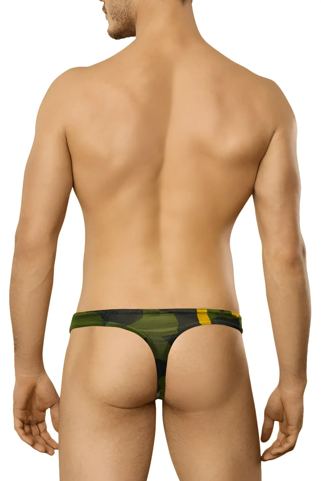 Green and yellow camouflage patterned thong by Doreanse 1303-PRN camosaic in breathable fabric for comfortable wear