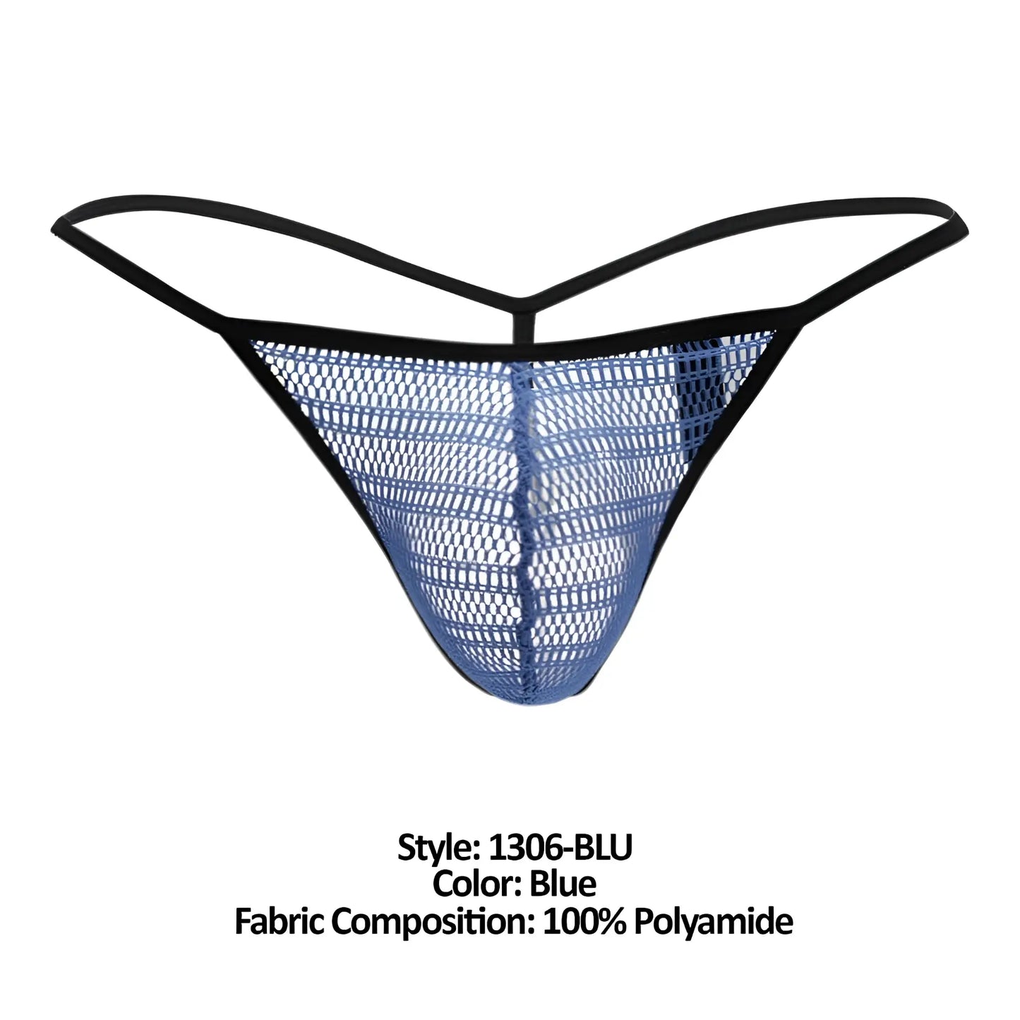 Blue mesh g-string thong by doreanse features black elastic trim and breathable mesh fabric in blue color