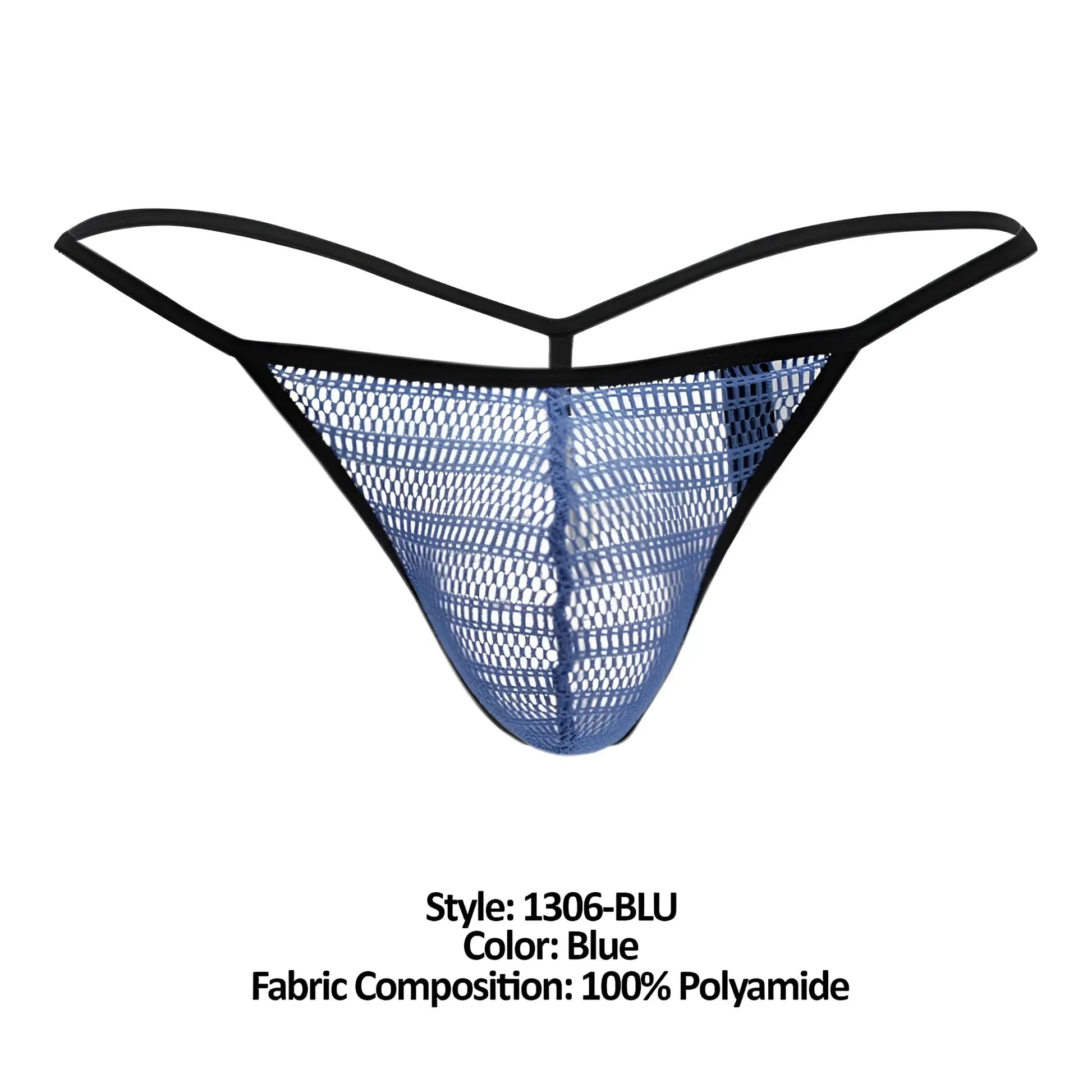 Blue mesh g-string thong by doreanse features black elastic trim and breathable mesh fabric in blue color