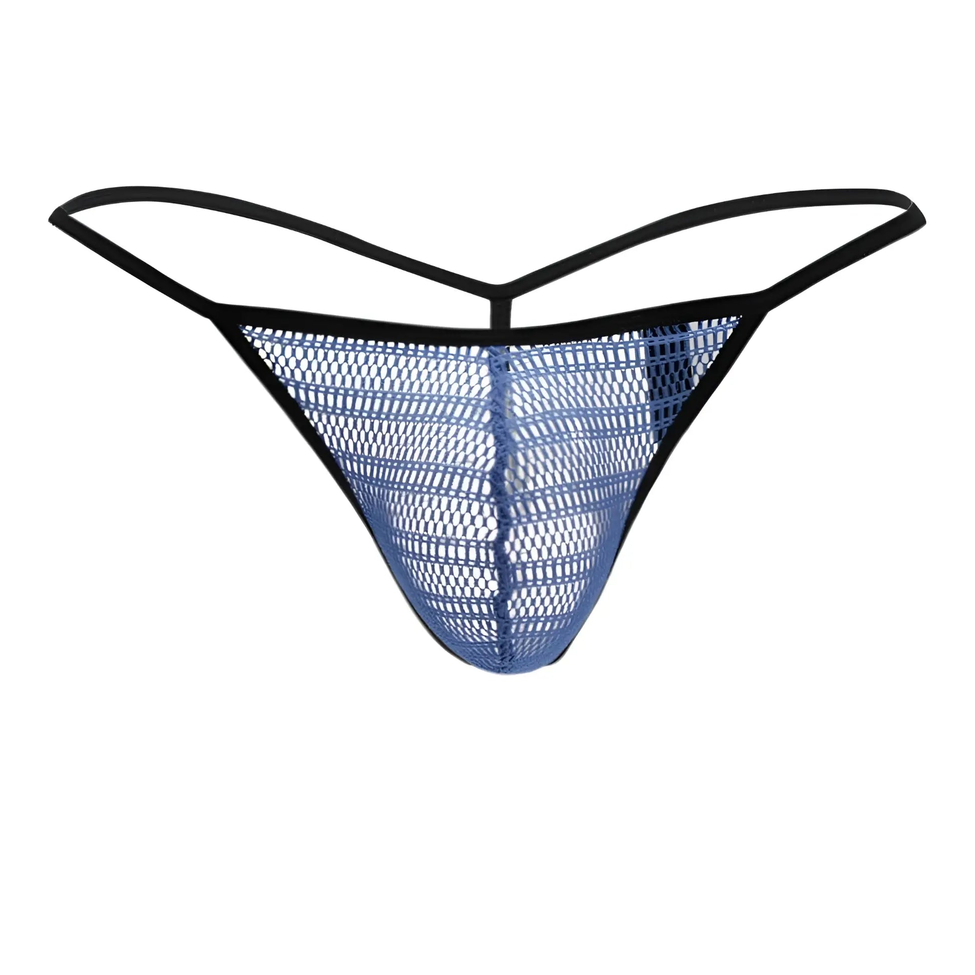 Doreanse 1306-blu mesh g-string thong in blue with black trim showing breathable mesh fabric front view