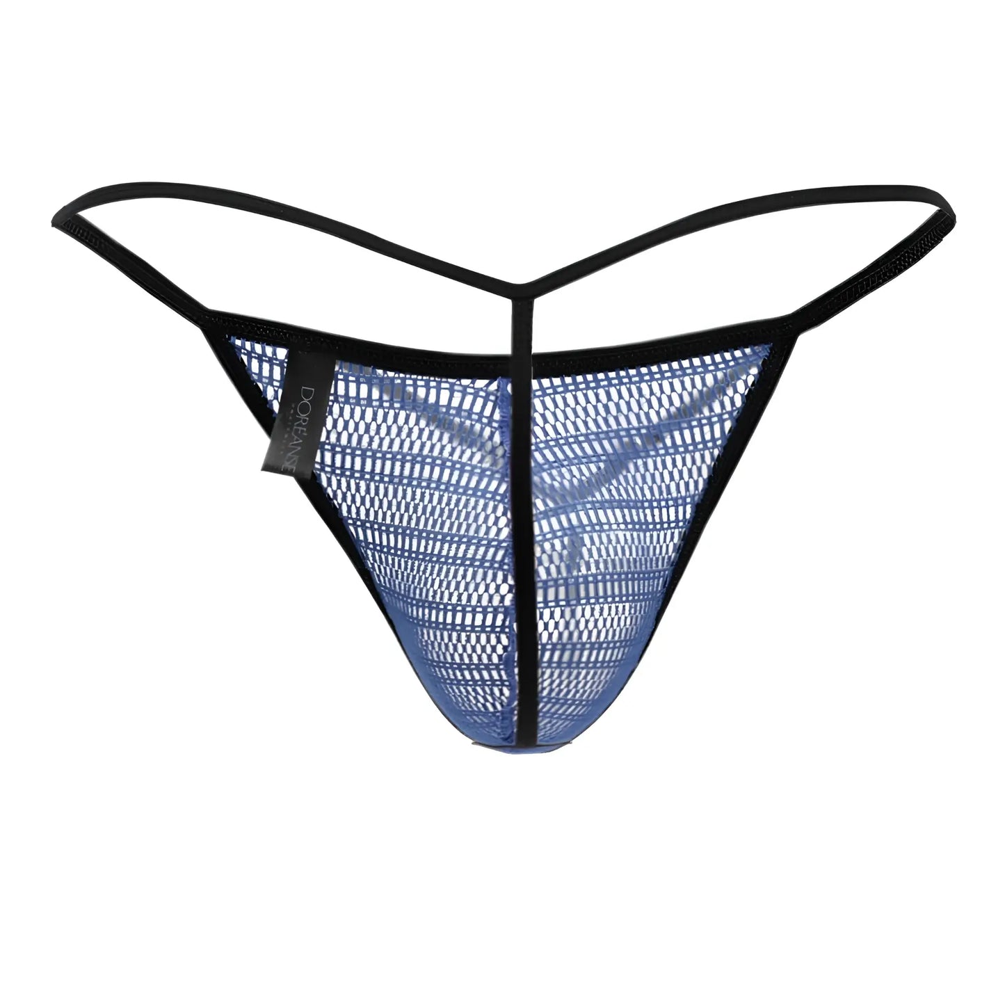 Doreanse 1306-BLU blue mesh g-string thong with black trim and brand tag showcasing front view
