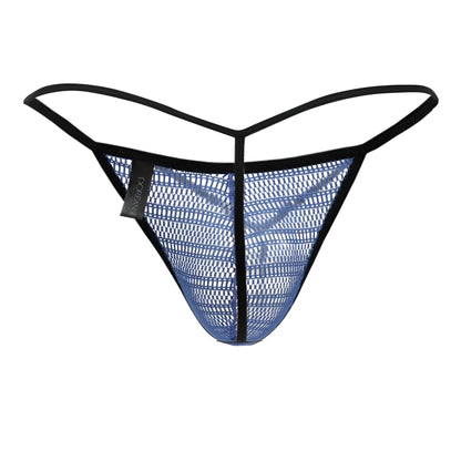 Doreanse 1306-BLU blue mesh g-string thong with black trim and brand tag showcasing front view