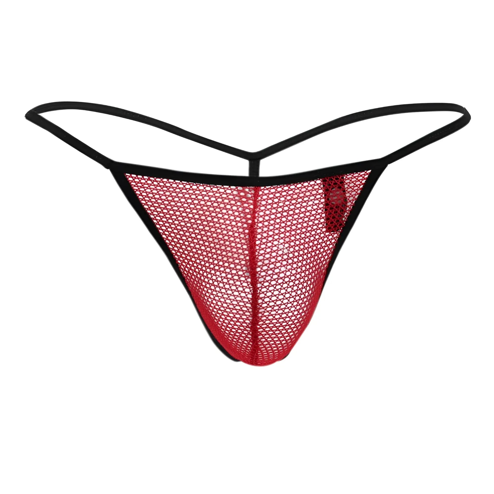 Doreanse 1306-red mesh g-string thong in red with black elastic trim showing front side design