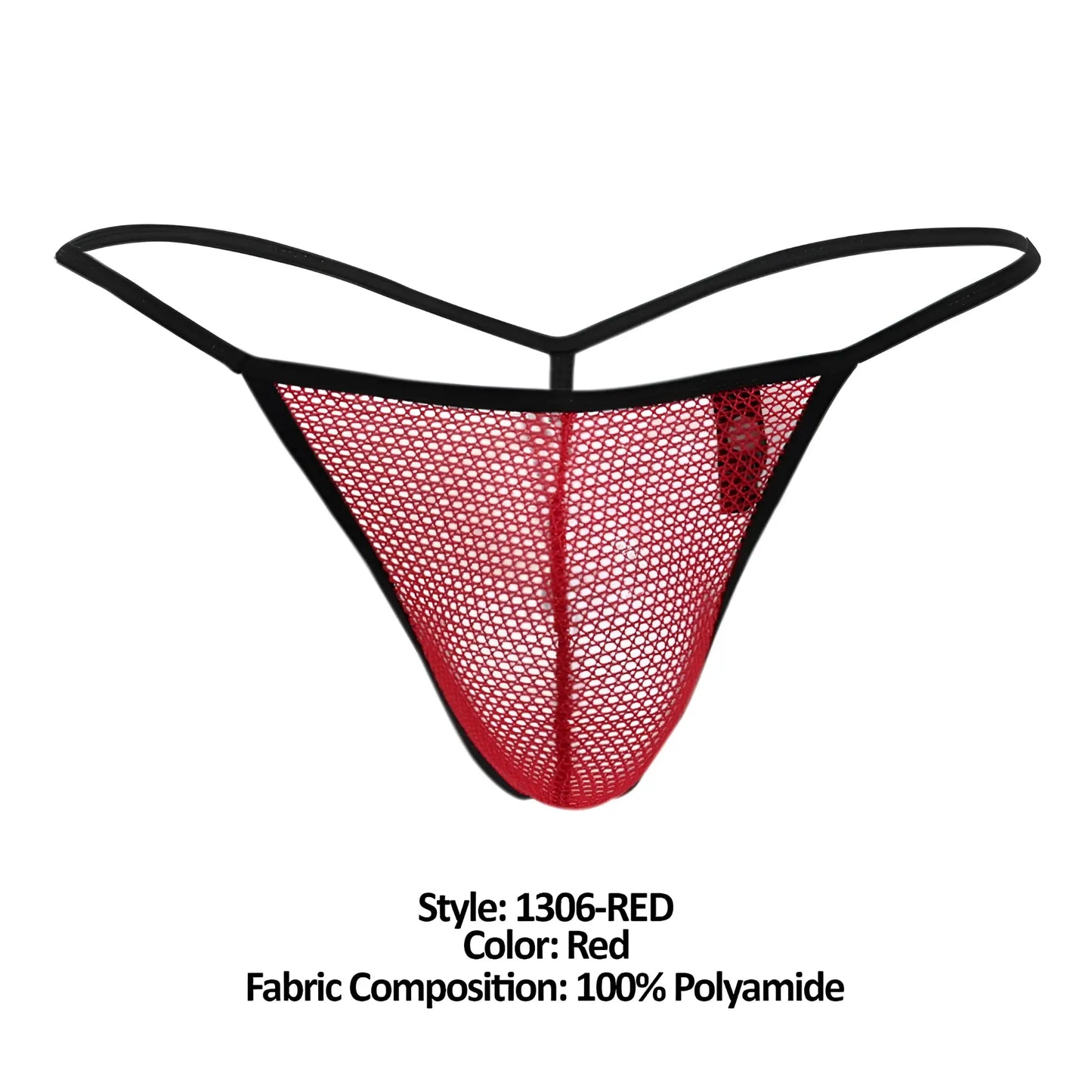 Doreanse 1306-red mesh g-string thong in red with black trim showing front side design and material details