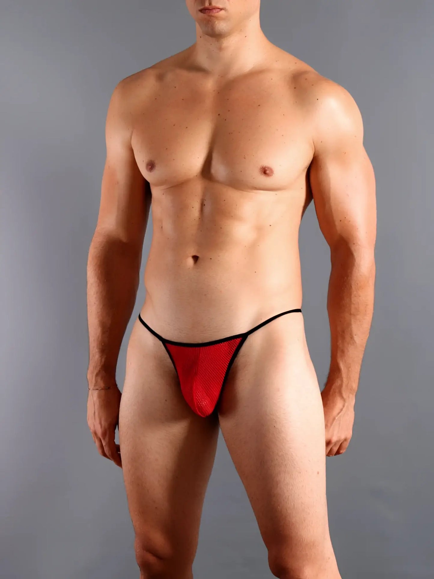 Doreanse 1306-RED red mesh g-string thong with black trim showing front side design and material details