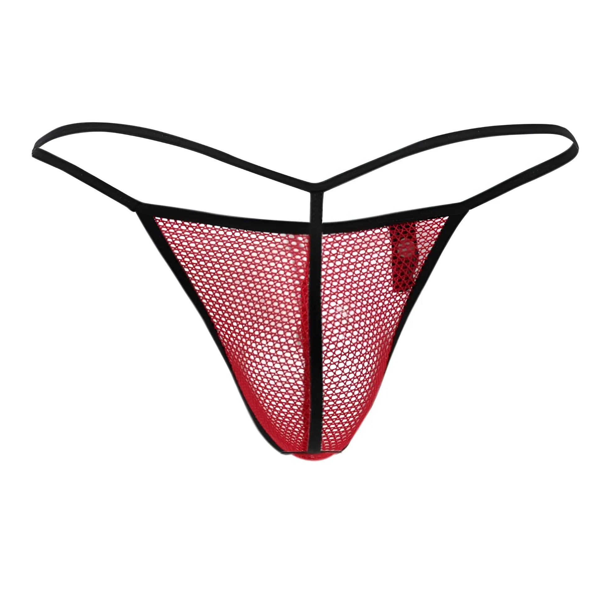 Doreanse 1306-red mesh g-string thong in red with black trim showing front side design and breathable material