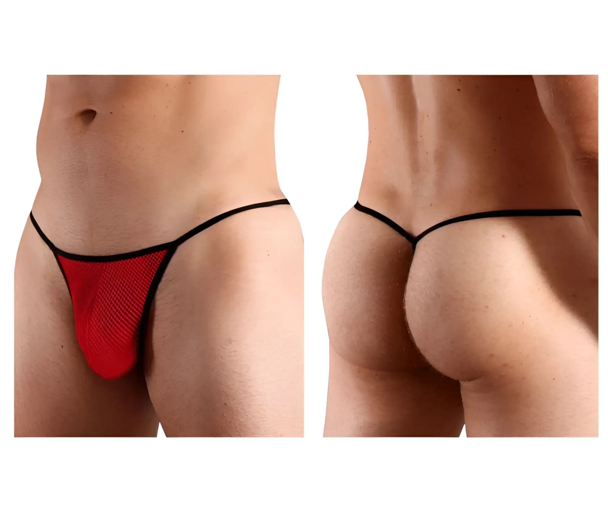 Doreanse 1306-red mesh g-string thong in red with black trim showing front side design and breathable material