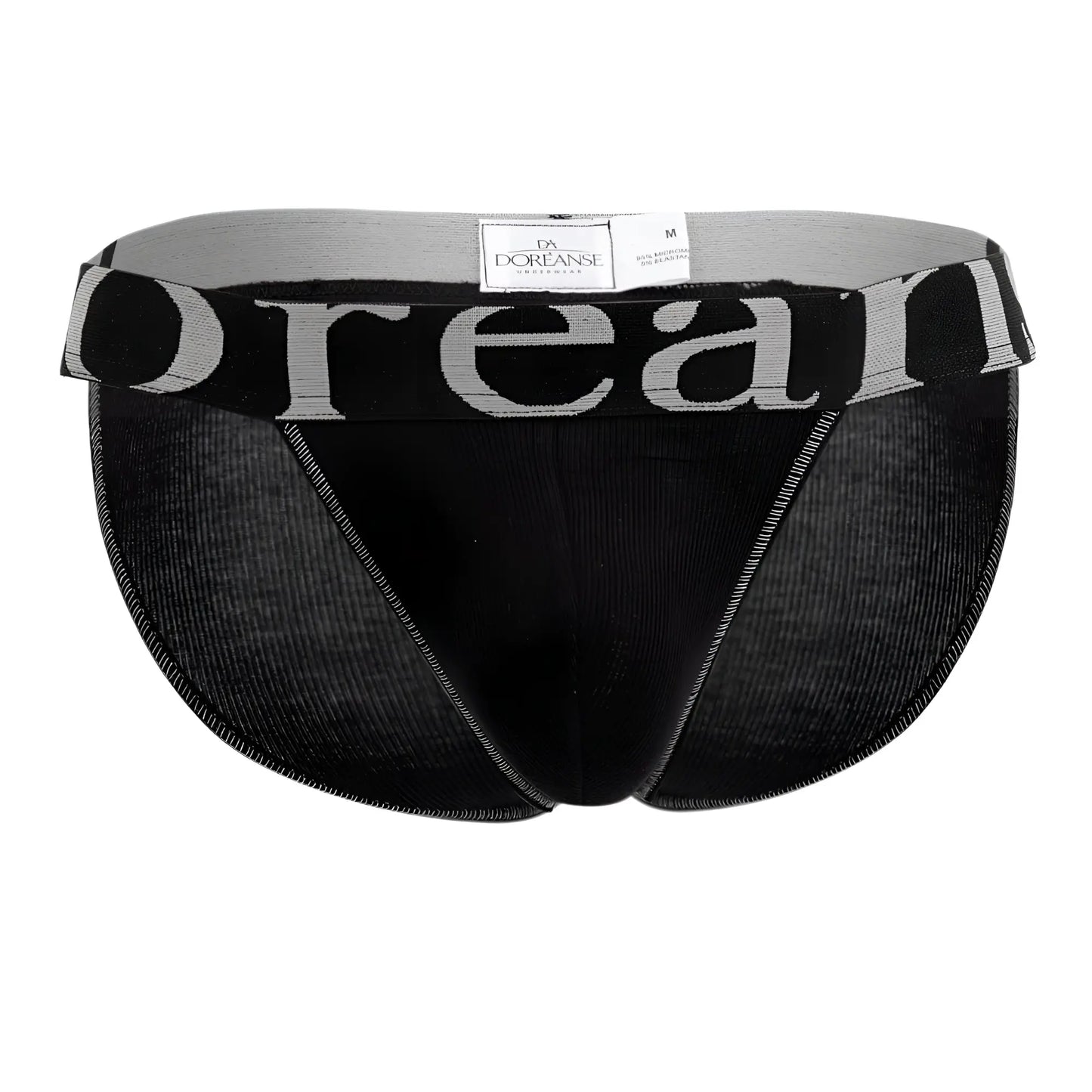 Black doreanse 1313-blk ribbed micromodal bikini briefs with a gray waistband featuring bold white brand lettering