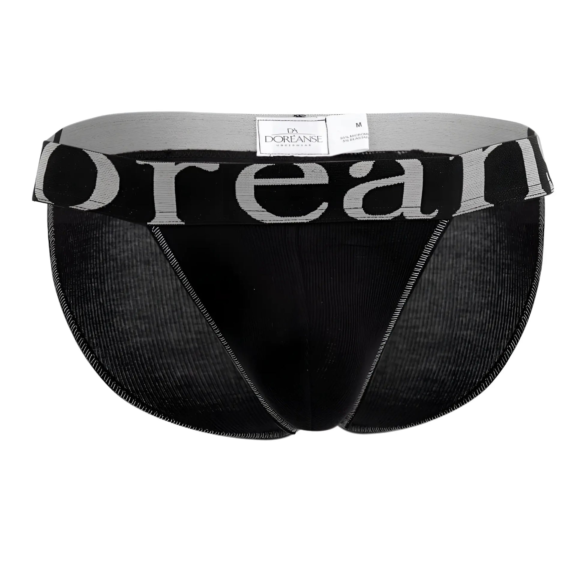 Black doreanse 1313-blk ribbed micromodal bikini briefs with a gray waistband featuring bold white brand lettering
