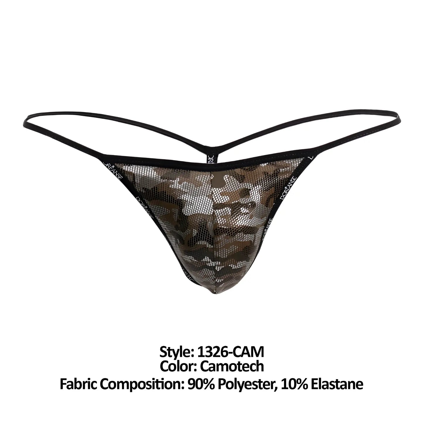 Doreanse 1326-CAM flashy g-string in black and camouflage mesh with thin elastic straps shown from the back side