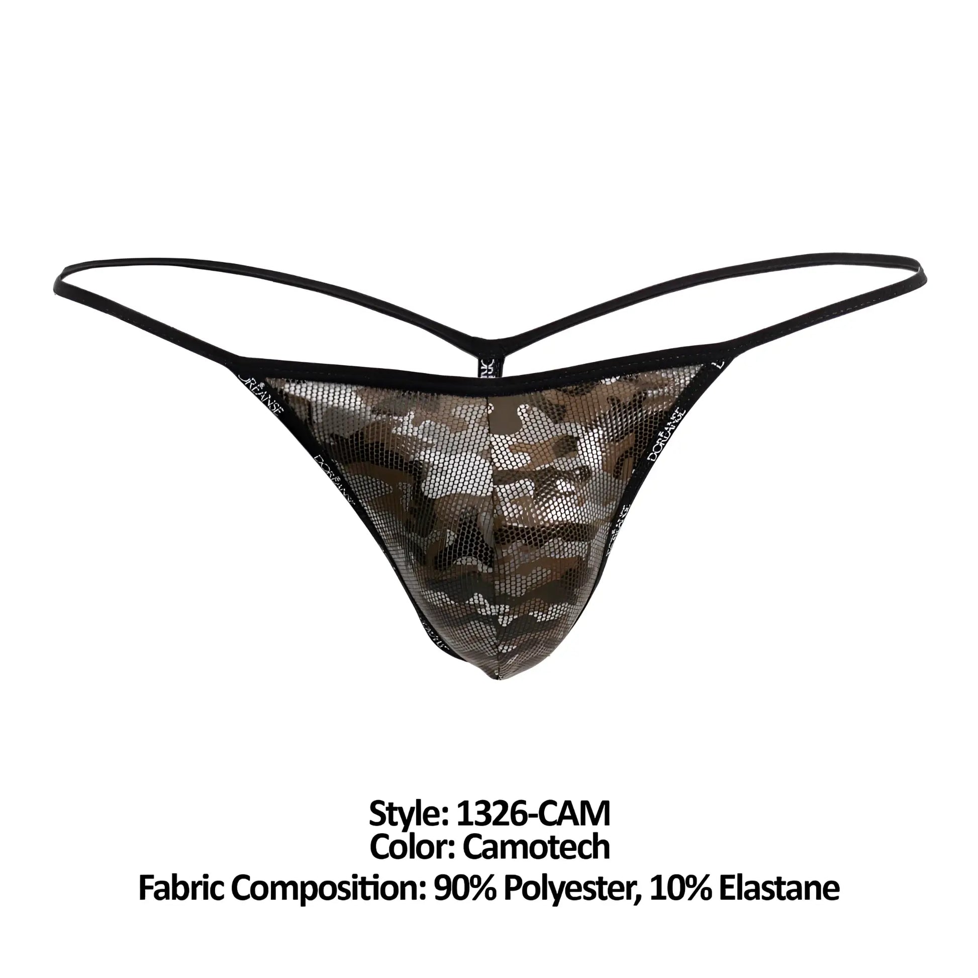 Doreanse 1326-CAM flashy g-string in black and camouflage mesh with thin elastic straps shown from the back side