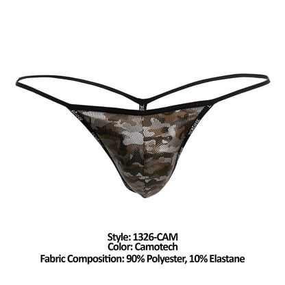 Doreanse 1326-CAM flashy g-string in black and camouflage mesh with thin elastic straps shown from the back side