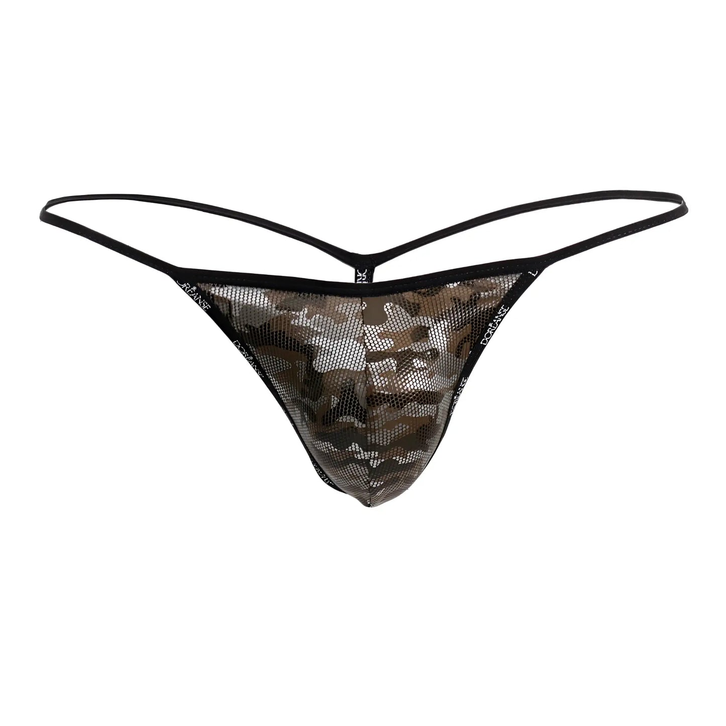 Black mesh thong g-string with camouflage pattern from doreanse 1326-cam flashy camotech series front view