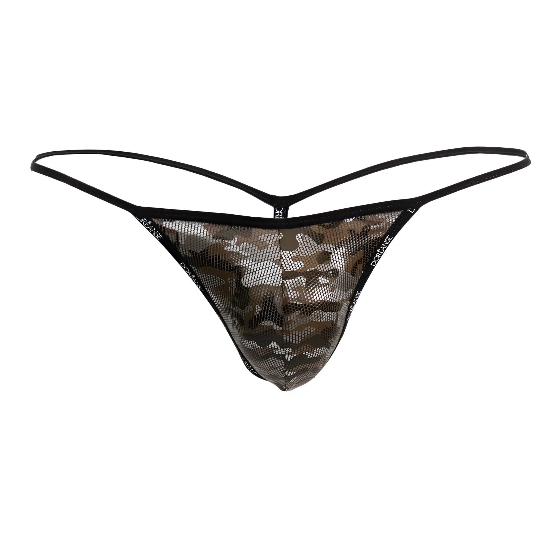 Black mesh thong g-string with camouflage pattern from doreanse 1326-cam flashy camotech series front view