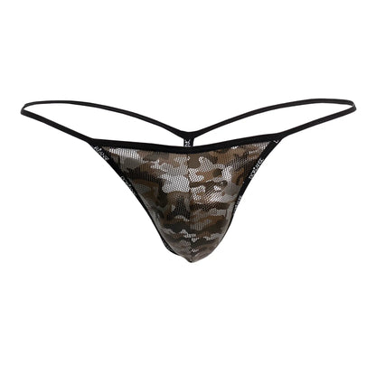 Black mesh thong g-string with camouflage pattern from doreanse 1326-cam flashy camotech series front view