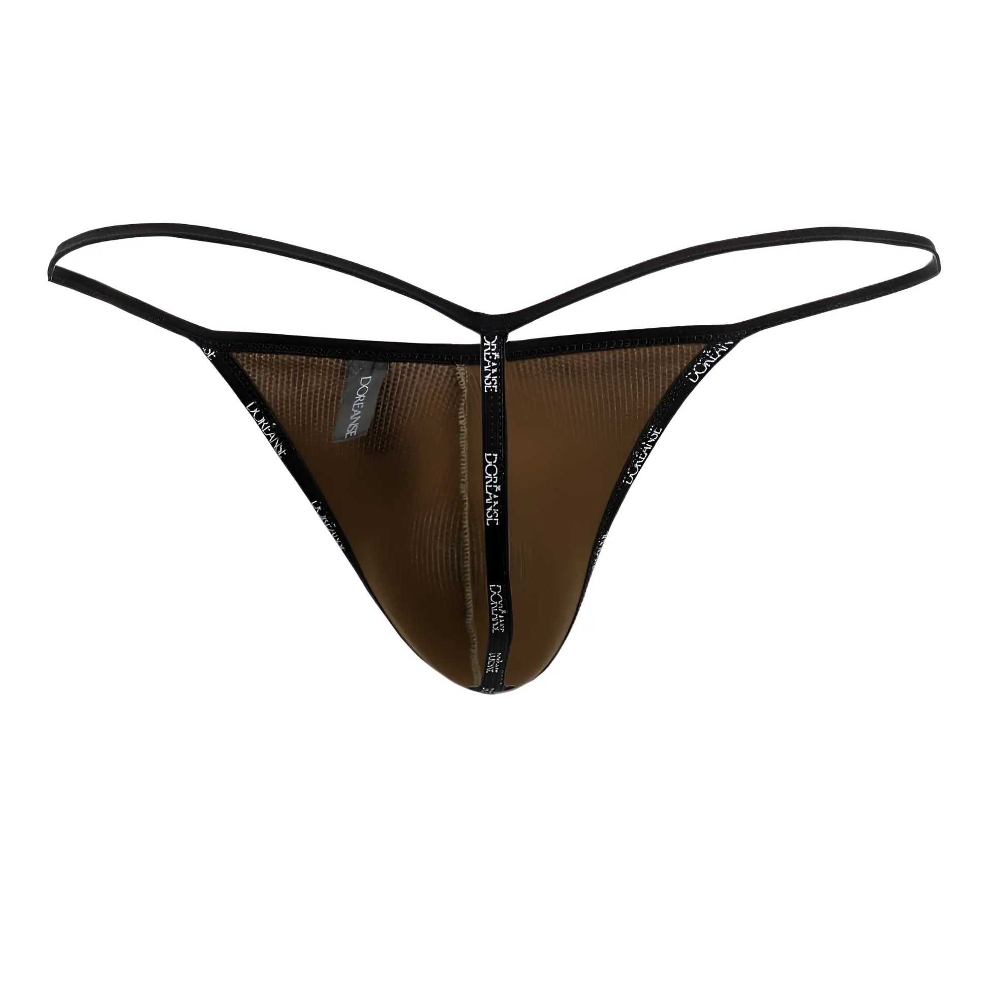 Brown mesh thong with black elastic trim and doriane branding from doreanse 1326-cam flashy g-string camotech