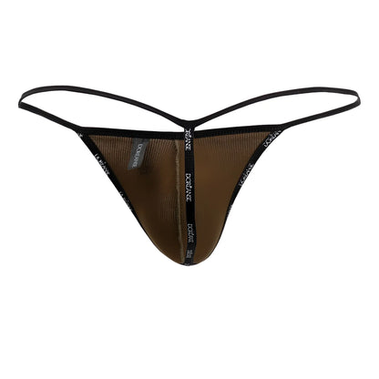 Brown mesh thong with black elastic trim and doriane branding from doreanse 1326-cam flashy g-string camotech