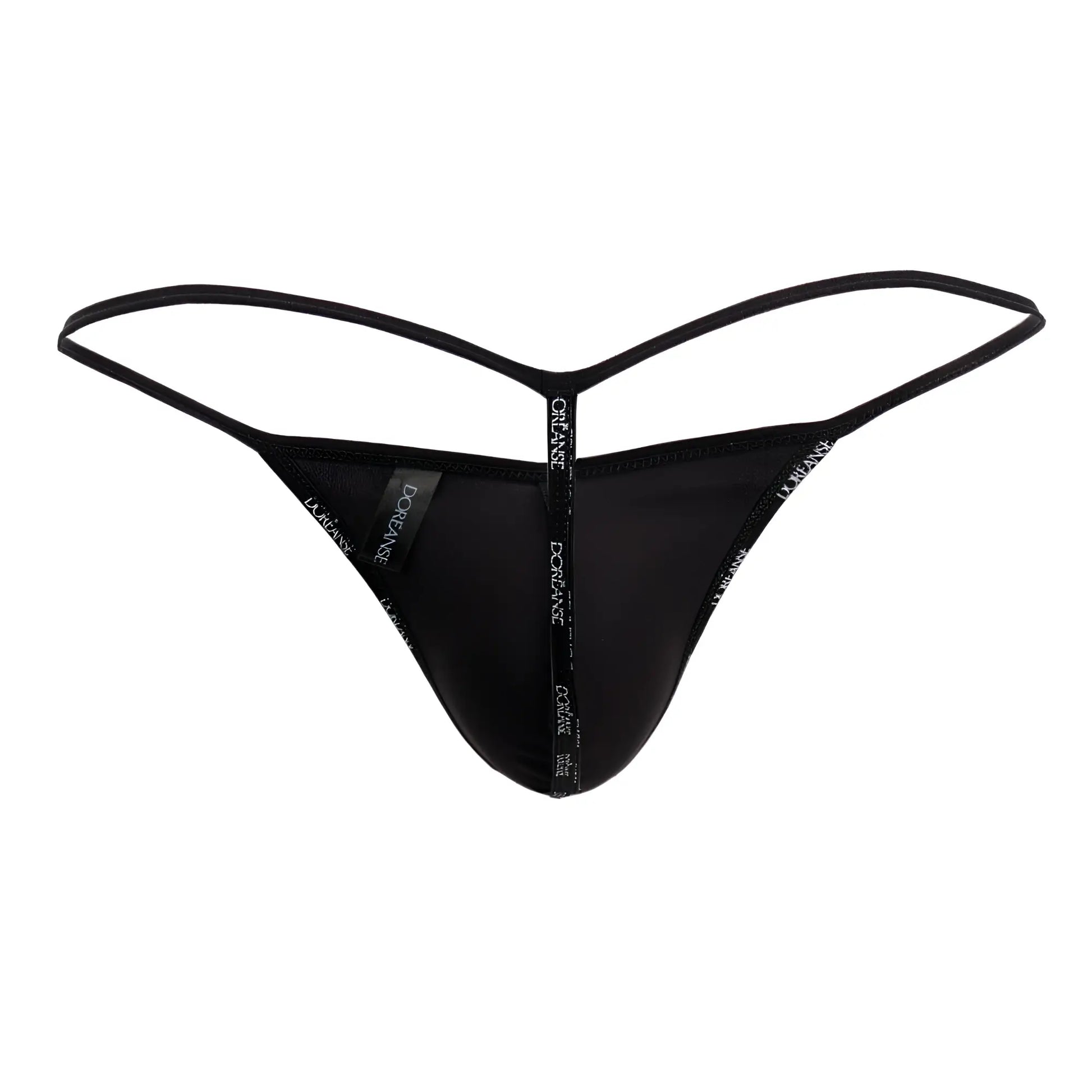 Black dorian thong with thin adjustable straps and central band featuring doriane logo from doreanse 1326-mic g-string