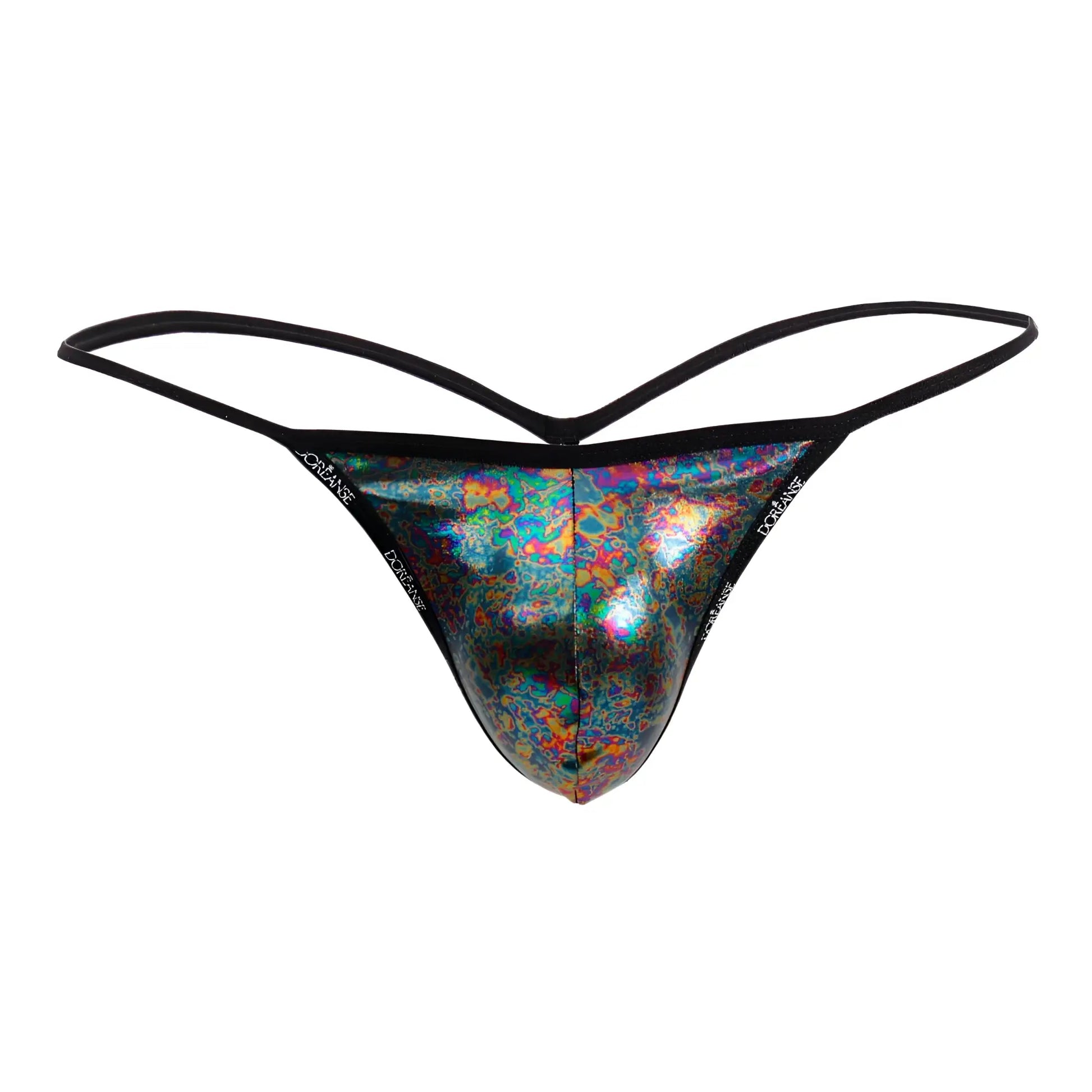 Doreanse 1326-MIC flashy g-string with a shimmering holographic thong and black elastic straps front view