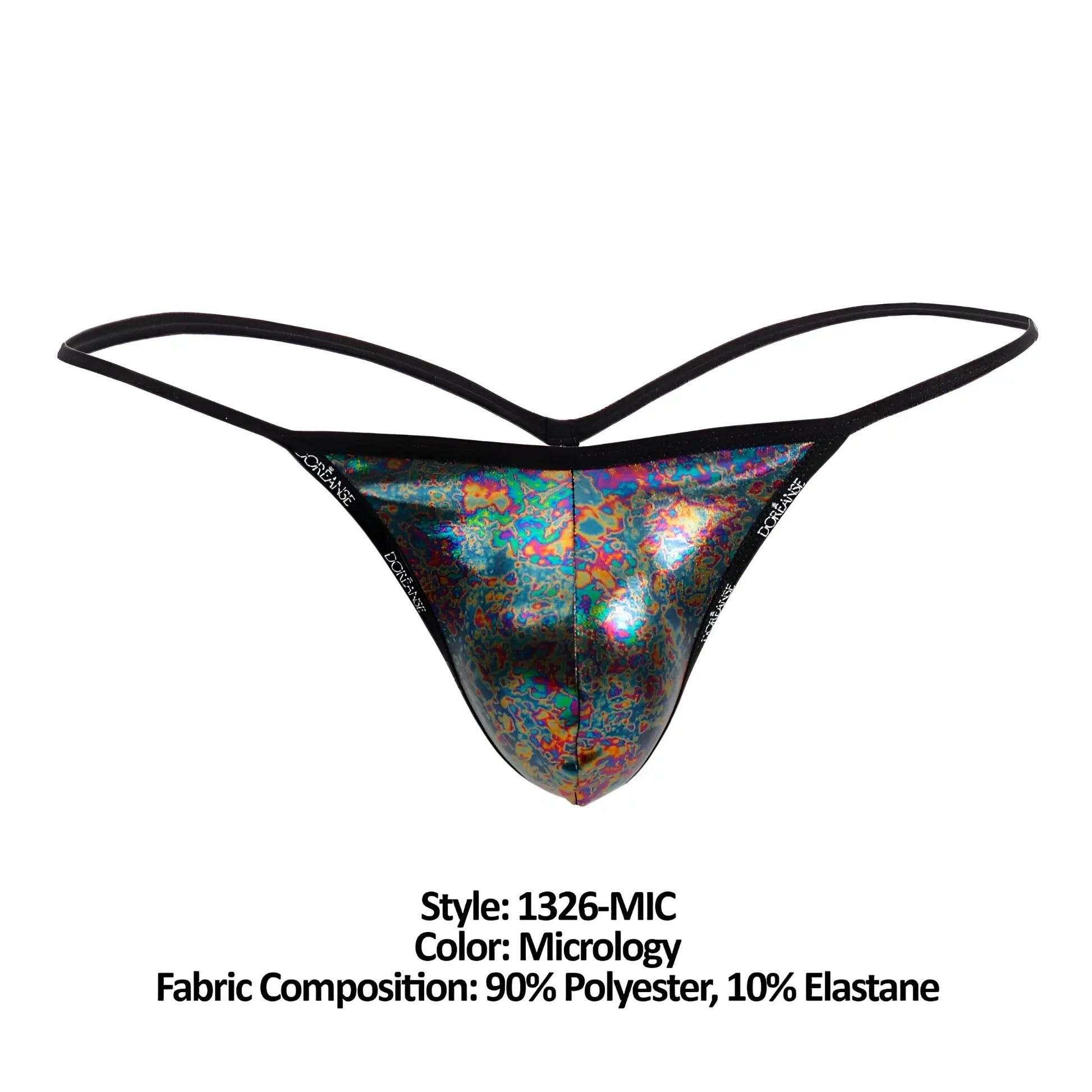 Doreanse 1326-MIC flashy g-string is a shimmering iridescent micrology-patterned thong with black elastic straps