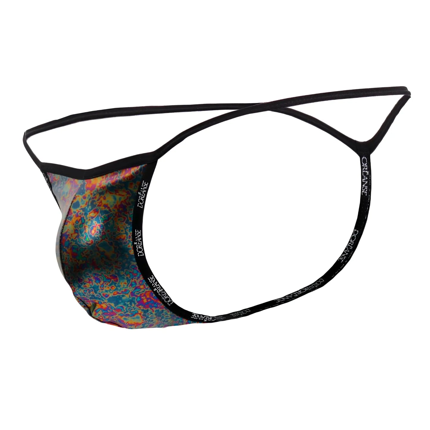 Vibrant iridescent rainbow patterned Doreanse 1326-MIC flashy g-string thong with black elastic bands and doriane branding