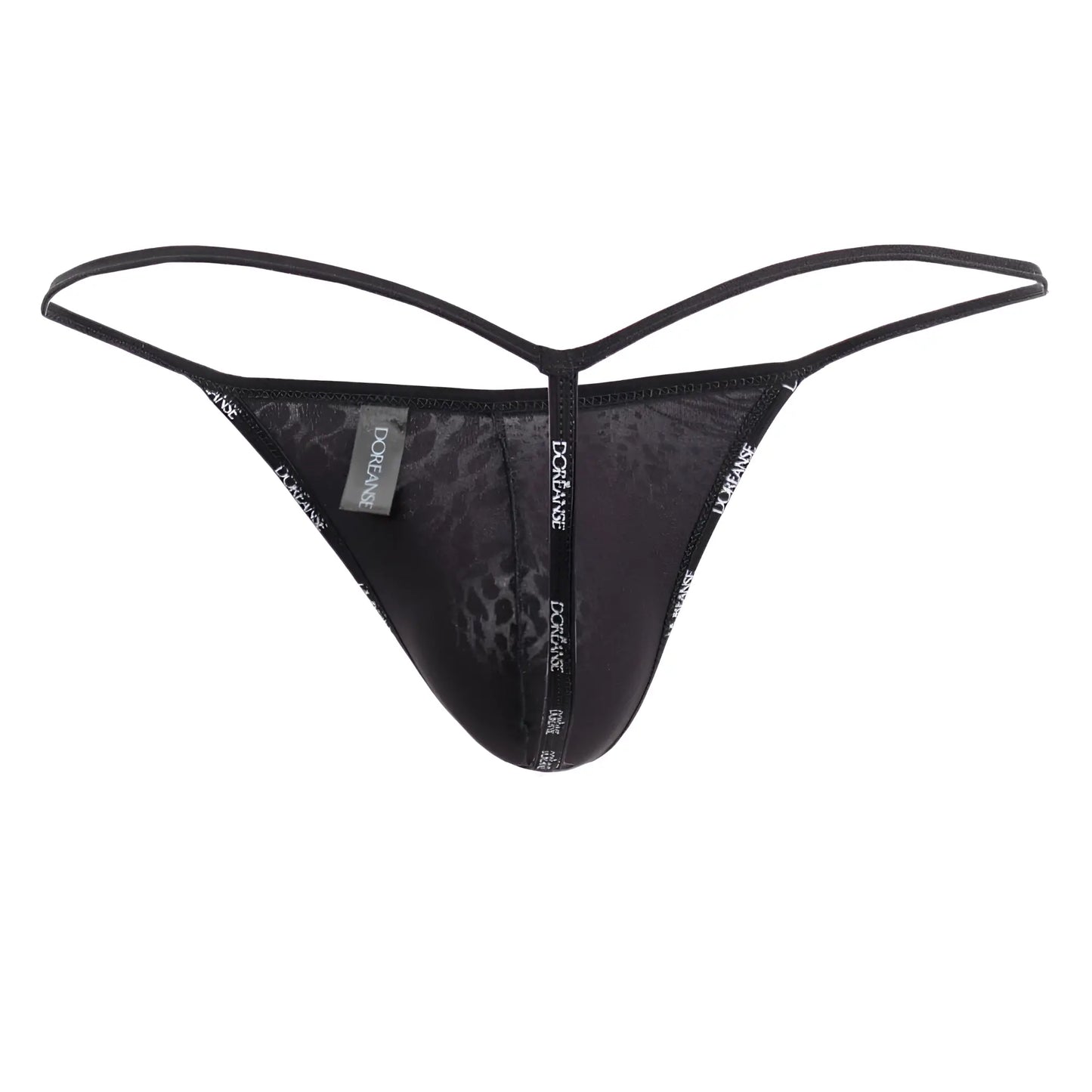 Black leopard-print thong with thin adjustable straps and branded tag from Doreanse 1326-PAN flashy g-string black panther