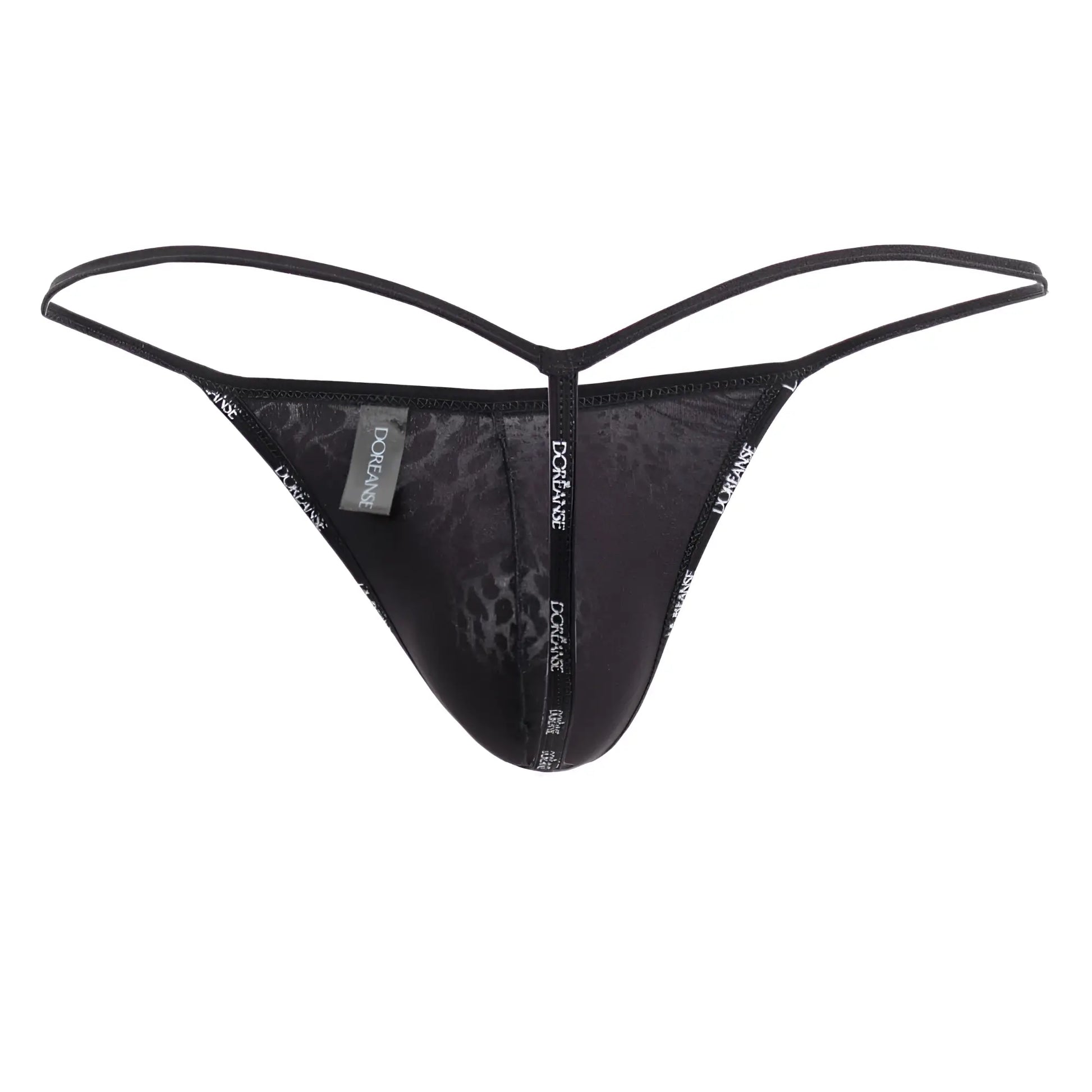 Black leopard-print thong with thin adjustable straps and branded tag from Doreanse 1326-PAN flashy g-string black panther