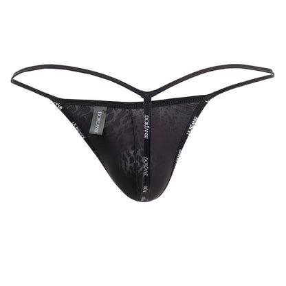 Black leopard-print thong with thin adjustable straps and branded tag from Doreanse 1326-PAN flashy g-string black panther