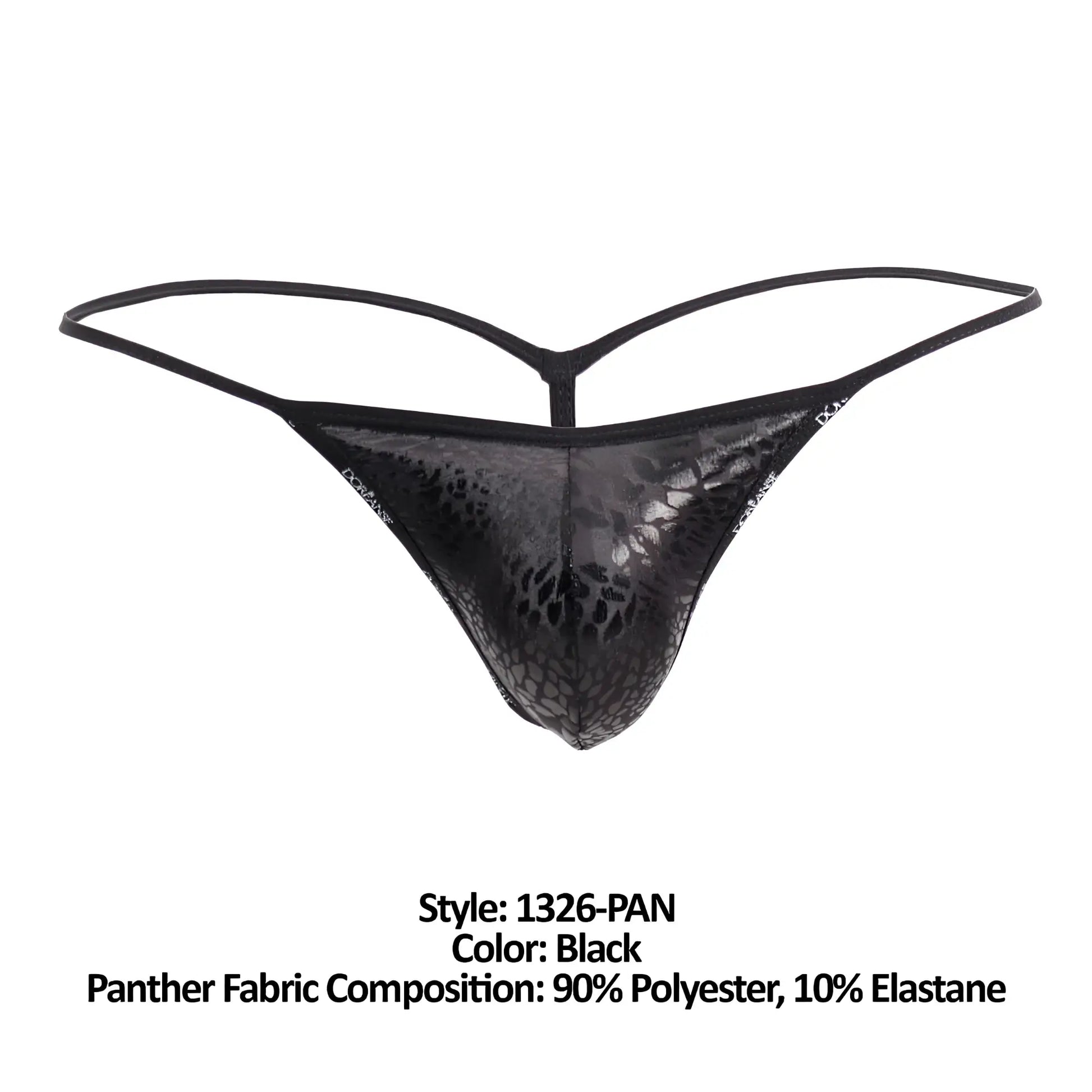 Black thong with glossy panther print and thin supportive straps by doreanse 1326-pan flashy g-string in black panther