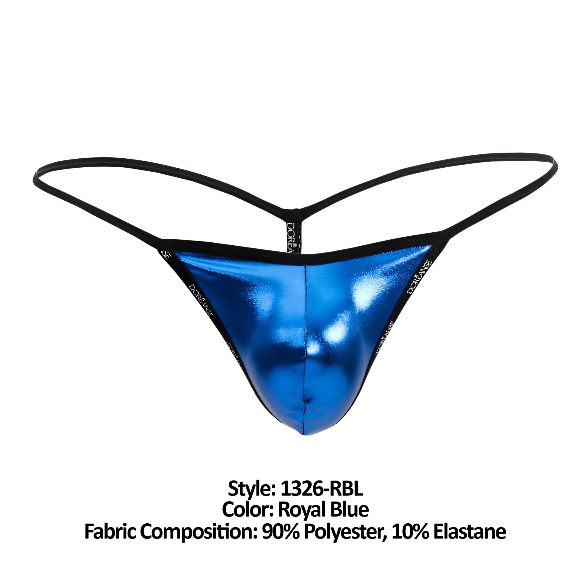 Royal blue metallic thong g-string with black elastic straps and doriane branding by doreanse 1326-rbl flashy g-string