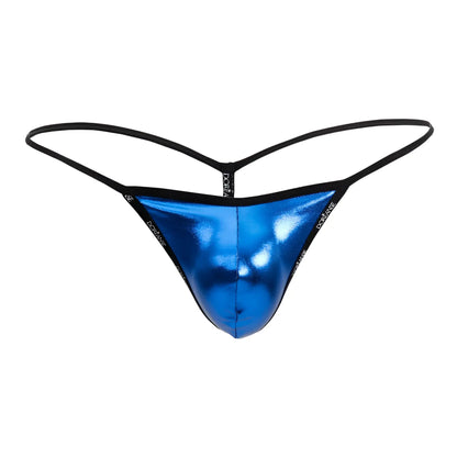Shiny blue metallic thong with black elastic straps and doreanse logo on edges in royal blue color