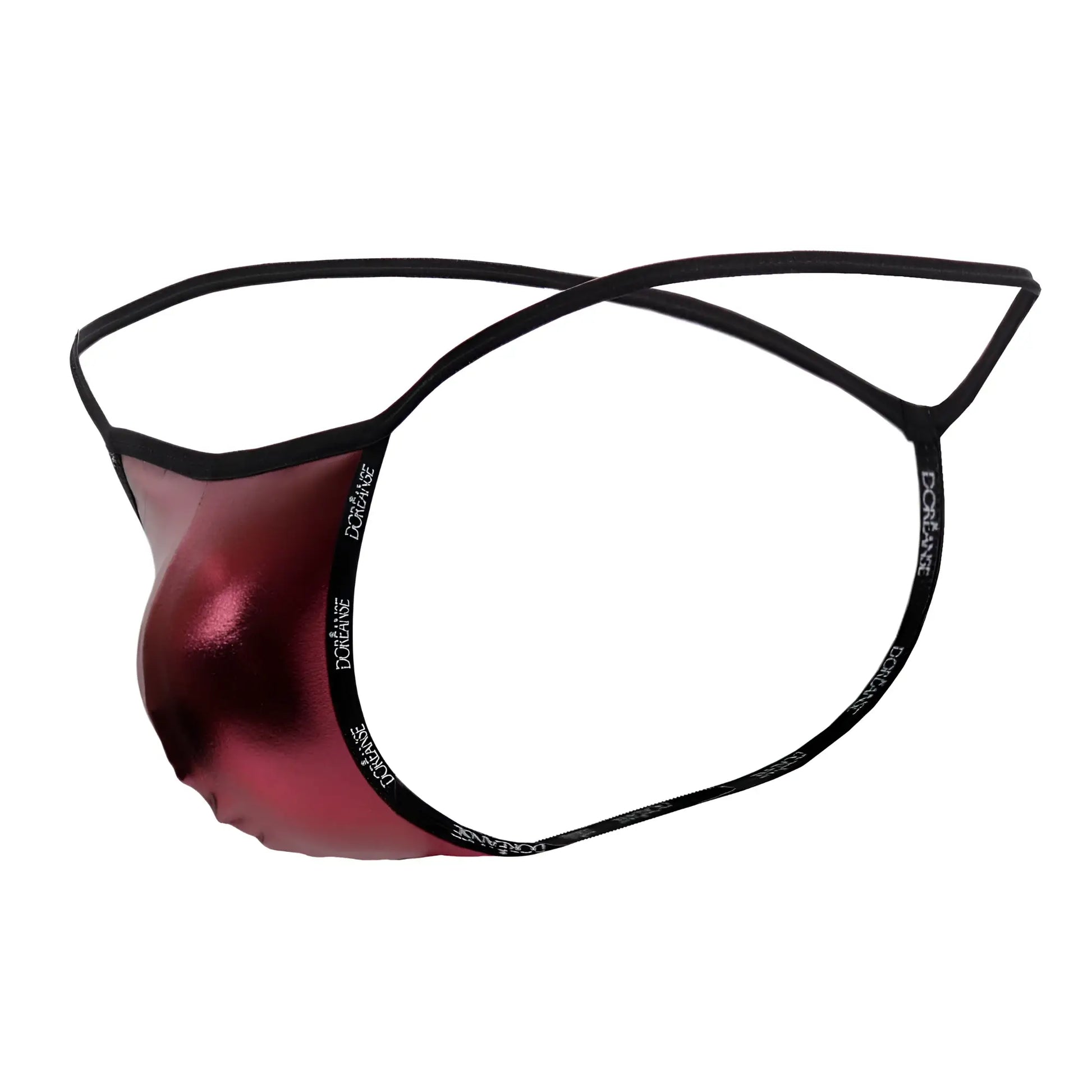 A shiny metallic red thong with black elastic bands printed with doriane from doreanse 1326-rro flashy g-string royal rose