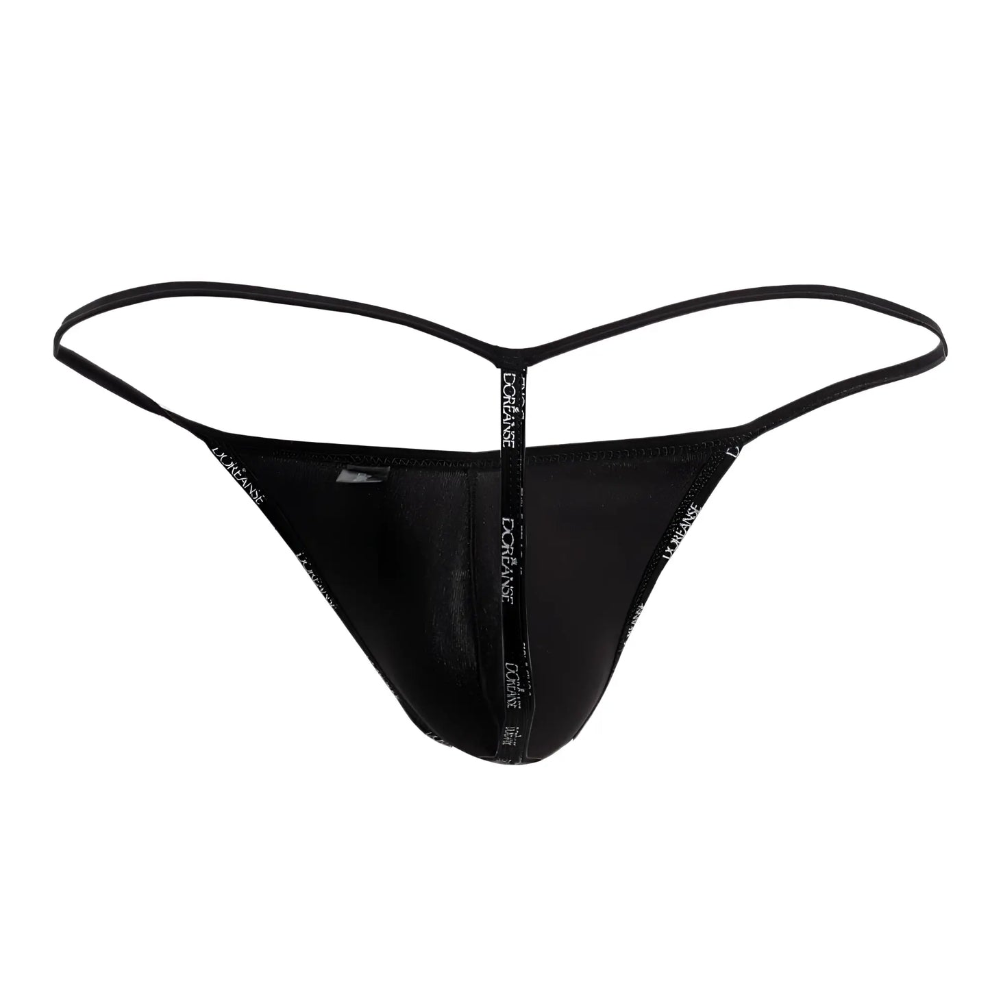 Black thong sheer mesh front with thin elastic straps and doriane brand name vertical print doreanse 1326-sbk