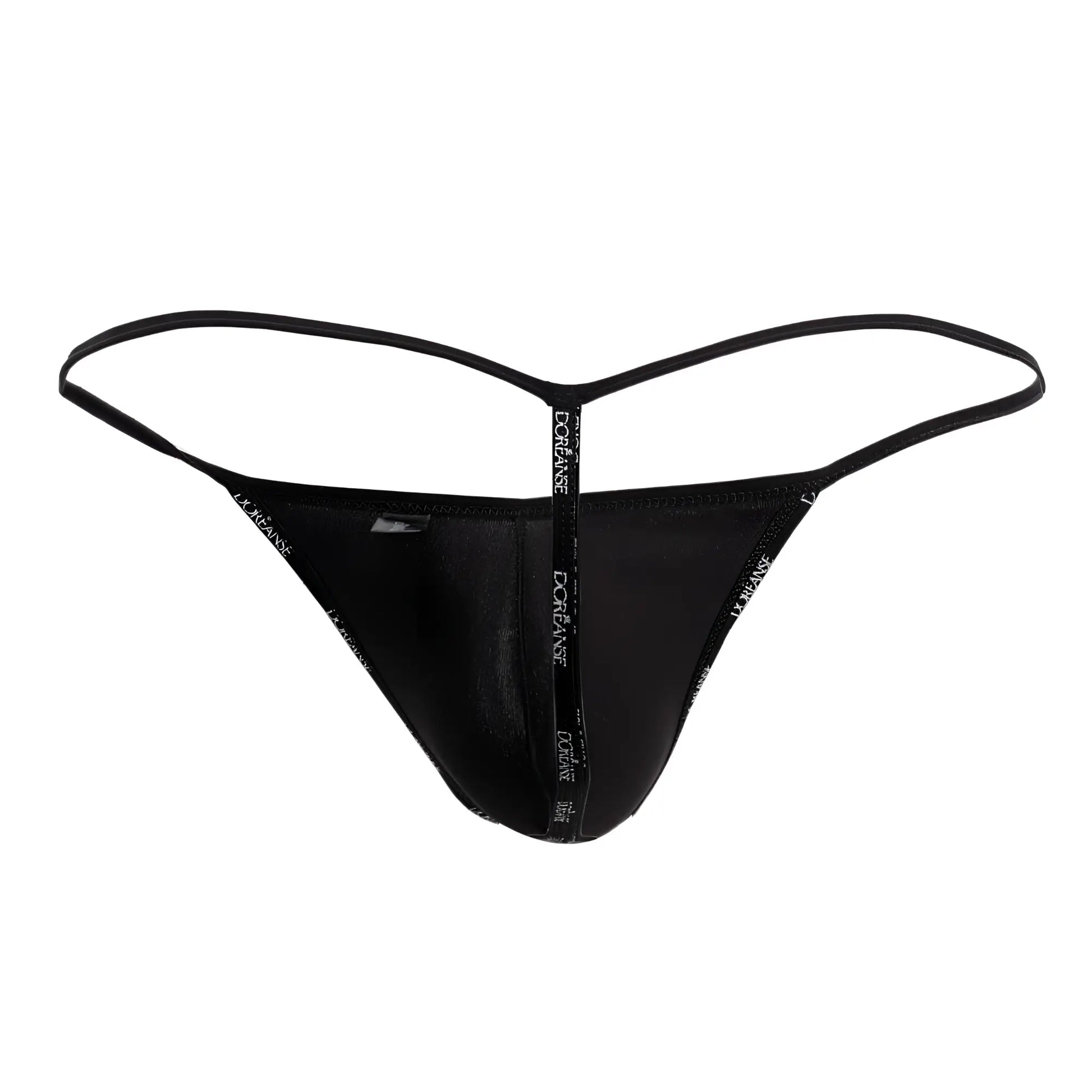 Black thong sheer mesh front with thin elastic straps and doriane brand name vertical print doreanse 1326-sbk