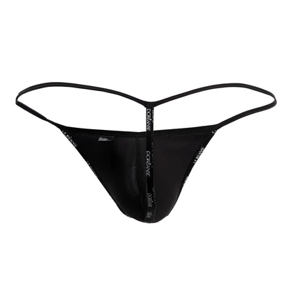 Black thong sheer mesh front with thin elastic straps and doriane brand name vertical print doreanse 1326-sbk