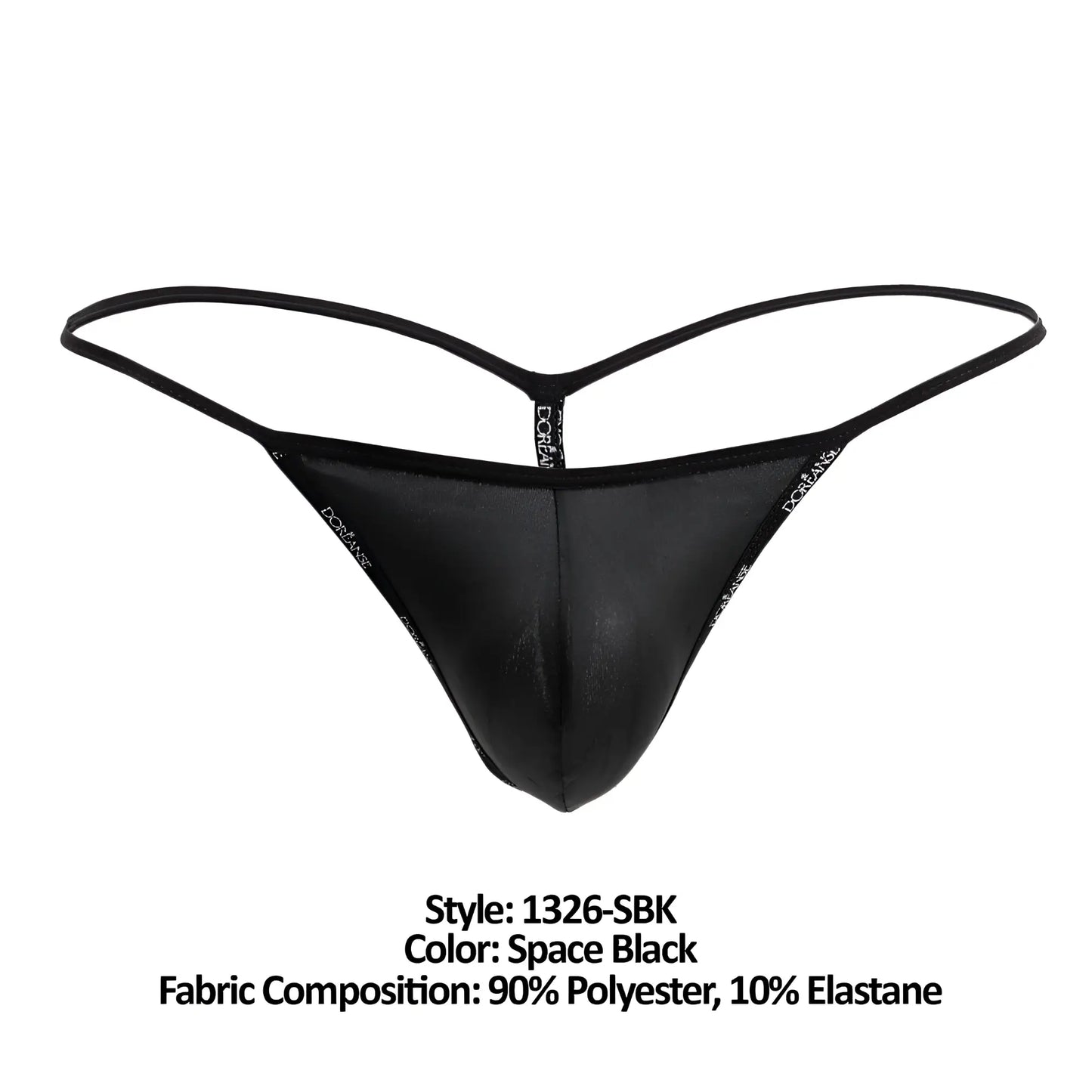 Doreanse 1326-sbk flashy g-string in space black with sleek glossy finish and thin elastic straps shown from the back
